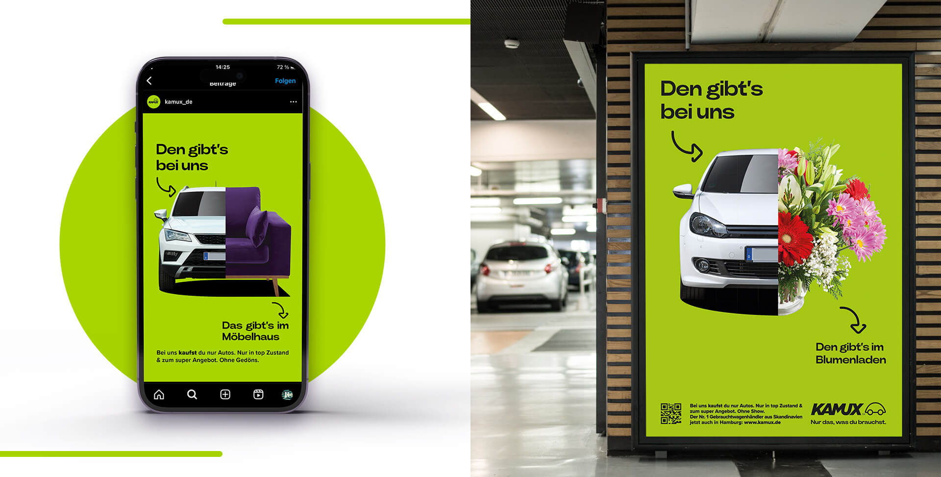 Marketingstrategie für Kamux: Social Media Marketing Anzeigen und Citylight Poster im Parkhaus eines Einkaufszentrums 
